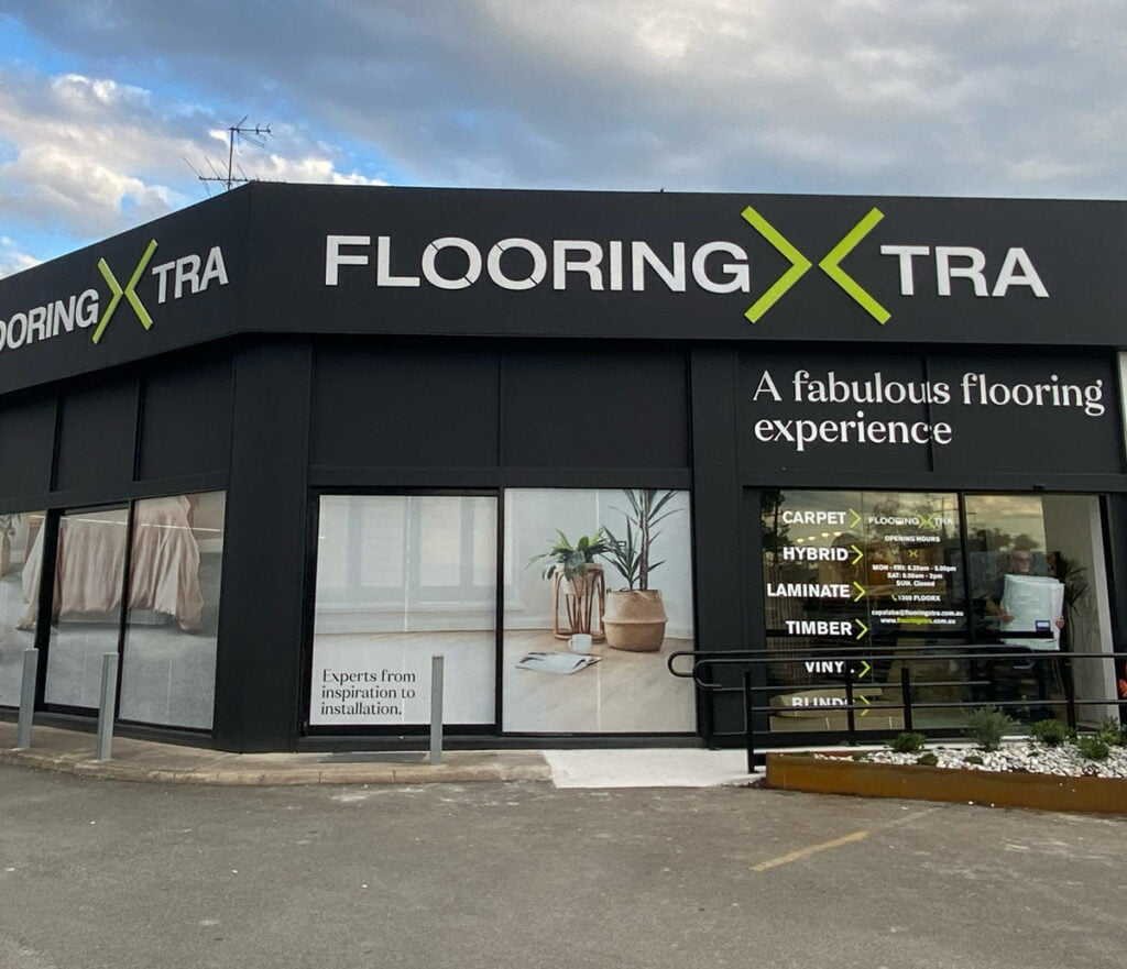 Building signage example, shop front in Capalaba, Flooring x-tra
